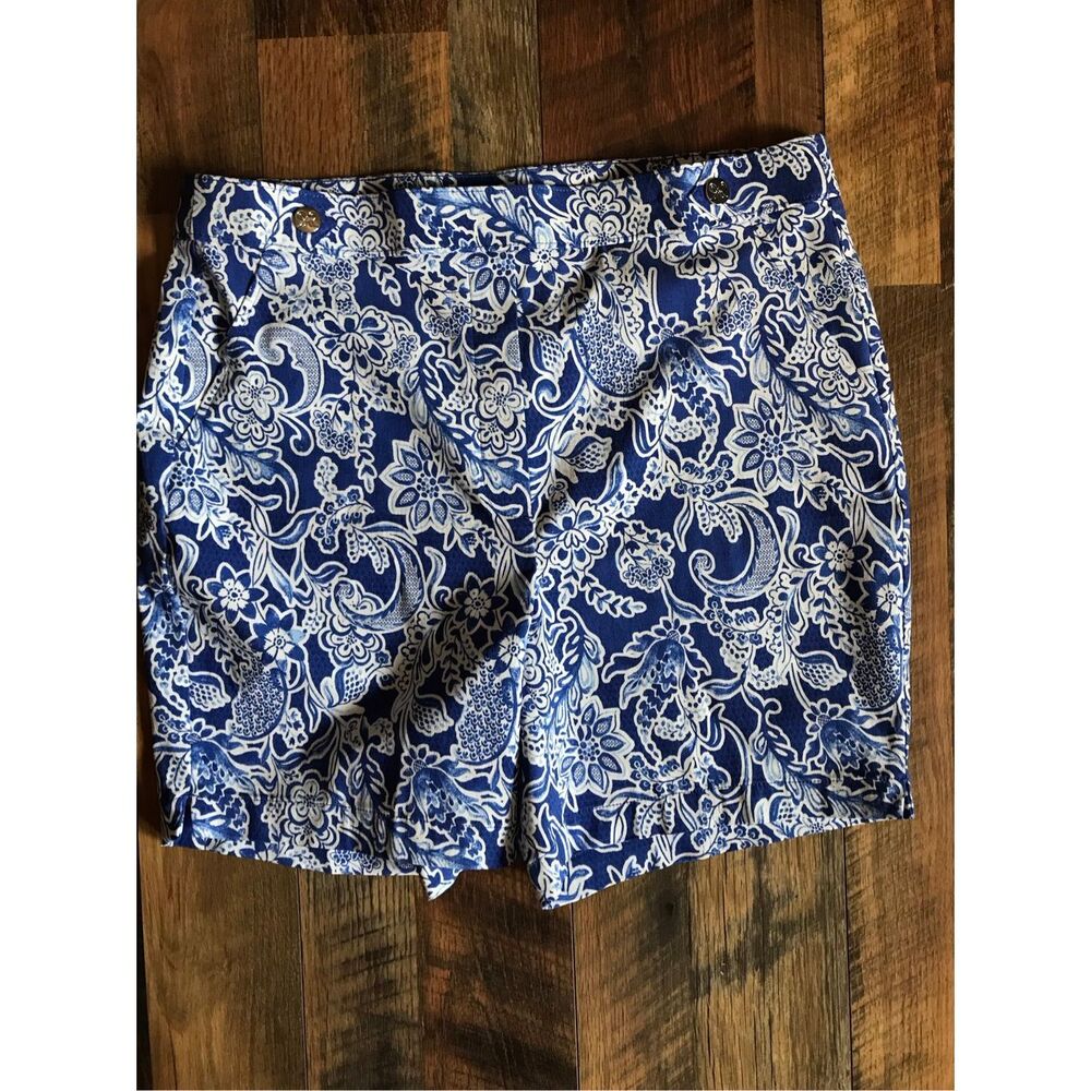 Rafaella blue white floral pull on Shorts SZ 14 Bermuda walking shorts